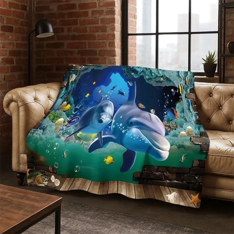 3D Illusion Underwater World Marine Life Shark Dolphin Cartoon Flannel Blanket Throw Blanket for Bedroom Living Room Bed Travel