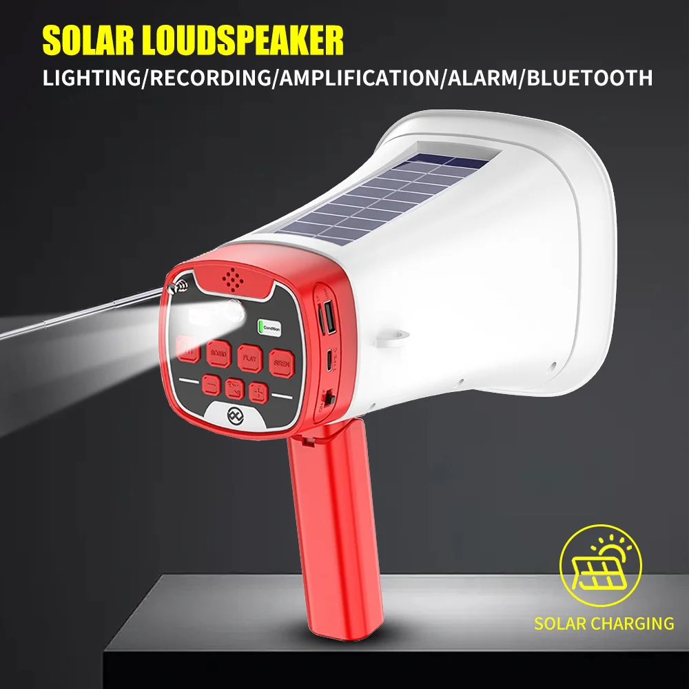Solar-Powered Megaphone Speaker Portable Wireless BT PA Bullhorn Outdoor Recording Speaker Multifunctional Handheld Amplifier