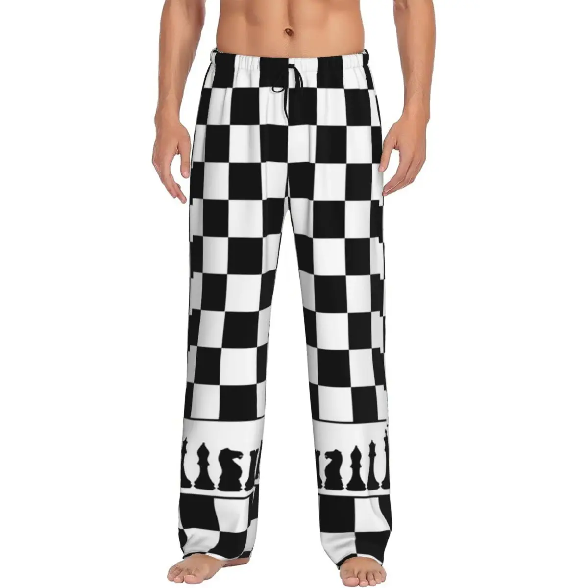 

Шахматная доска на заказ, черно-белые клетчатые пижамные штаны, мужская одежда для сна, штаны для сна с карманами