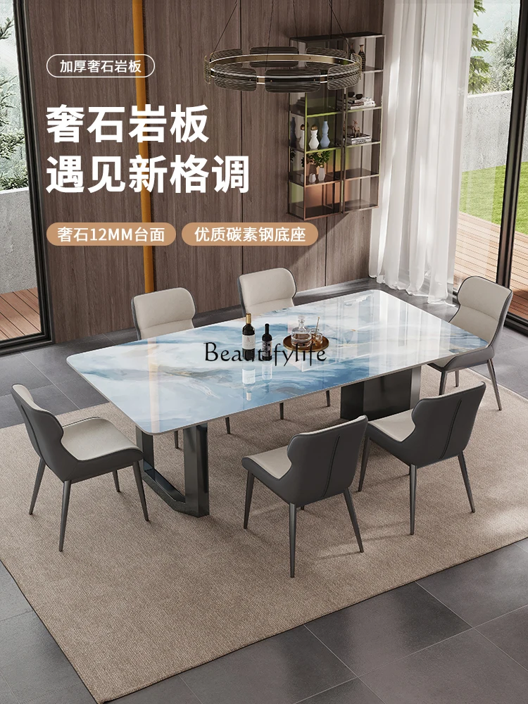 

01 Luxury stone rock slab dining table and chair combination villa guest restaurant high-end atmosphere Italian simplicity