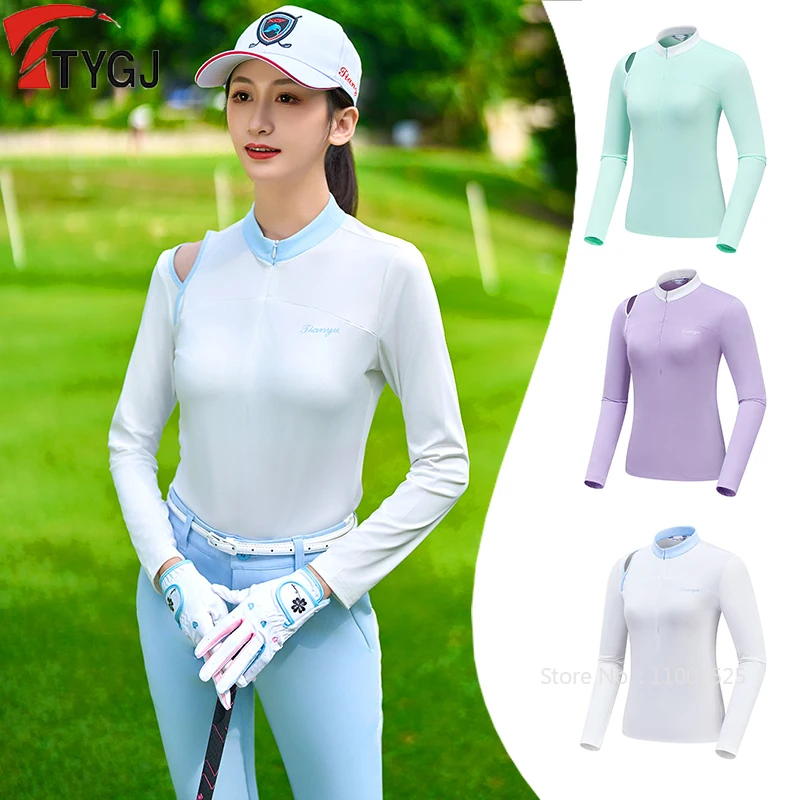 

TTYGJ Golf Women's Uniform Spring Autumn New Golf Tops Zipper Collar Quick-dry Slim T-shirts Ladies Long Sleeve Hollow Tees