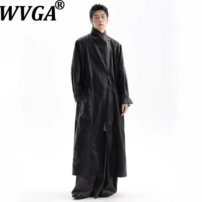 

WVGA Autumn Winter New Man Tide Long High Collar Trendy PU Leather Jackets Niche Chic Casual Long Lengh OverCoats Ins Y2K W14960