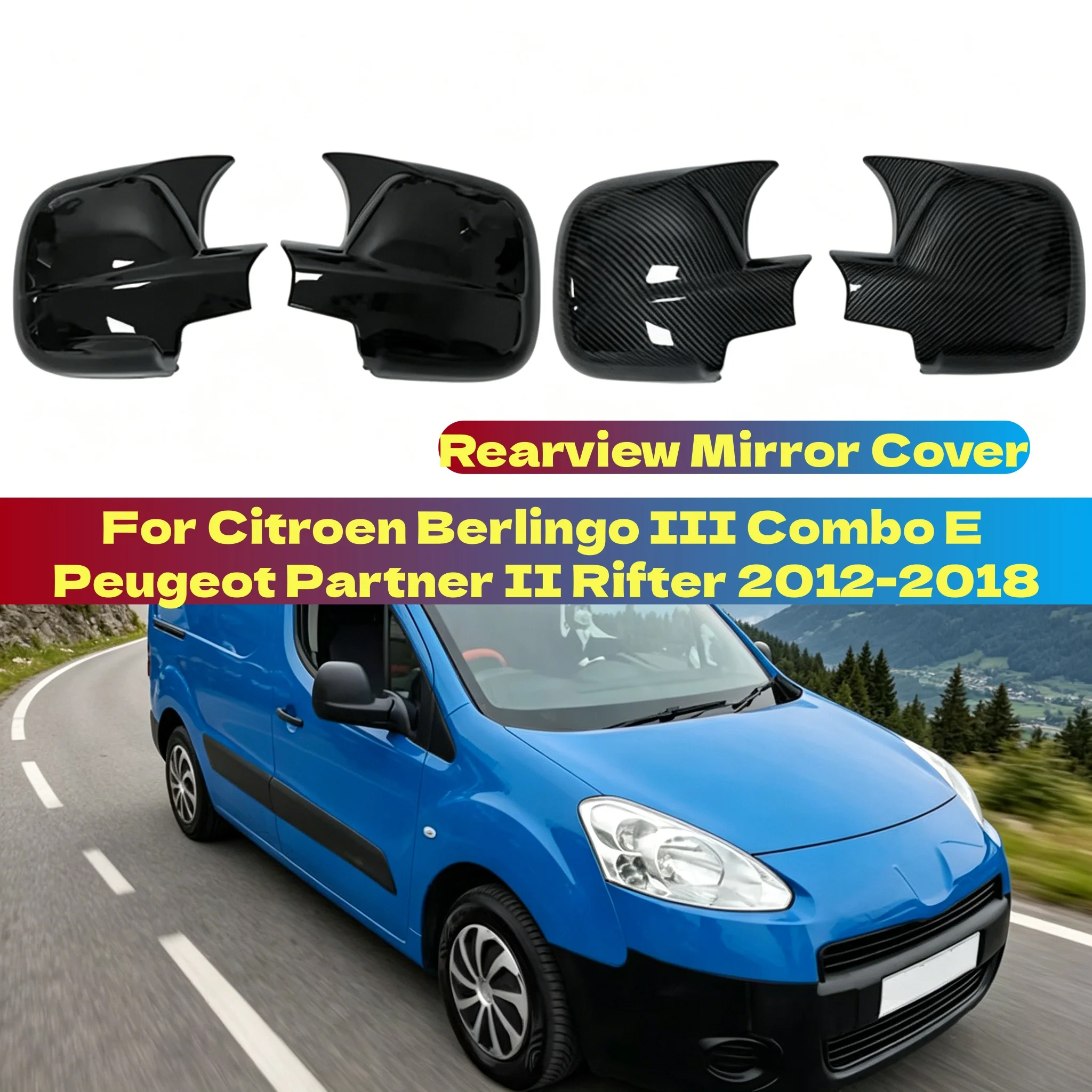 Pair Rearview Mirror Cover Trim For Citroen Berlingo III Combo E Peugeot Partner II Rifter 2012-2018 Glossy Black/Carbon Look