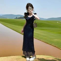 Long Maxi Dresses New Hot Sales Holiday Wear Ruffles Black Japan Style Girls Chic Korea Design Women Lace-Up Romantic Dress