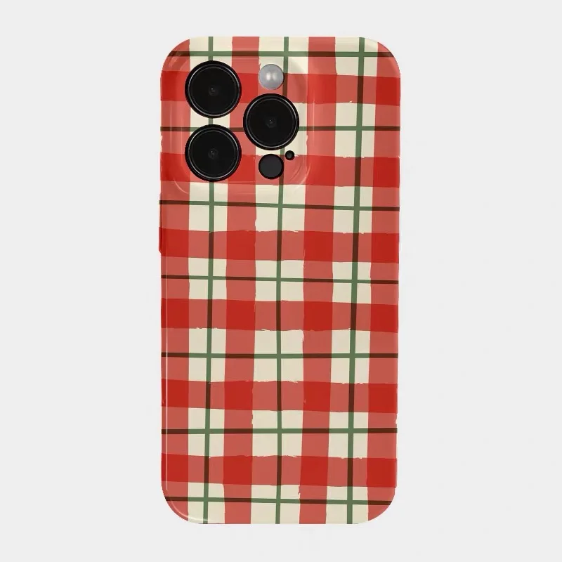 

Ins Korean Red Grid Pattern Phone Case for IPhone 16E 15 14 13 Pro Max 12 Mini 11 Pro Plus X Protection Ultra Thin Hard PC Cover