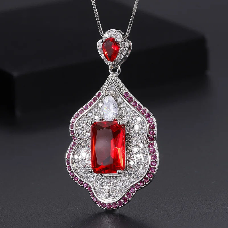 European and American Topaz Aquamarine Zircon Necklace Fashion Color-blocking Artificial Gemstone Red Aquamarine Pendant