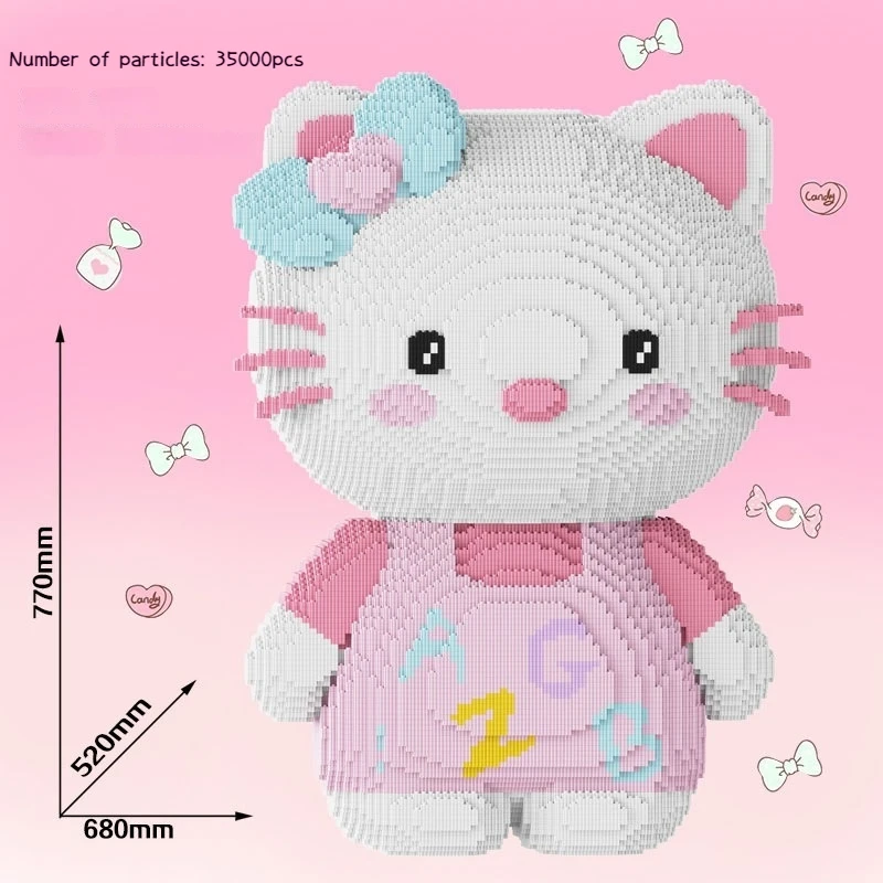 Large Size 70cm Pink Hello Kitty Building Block Small Particle Children Toy High Difficulty 3d Desktop Ornament Assembly Gift