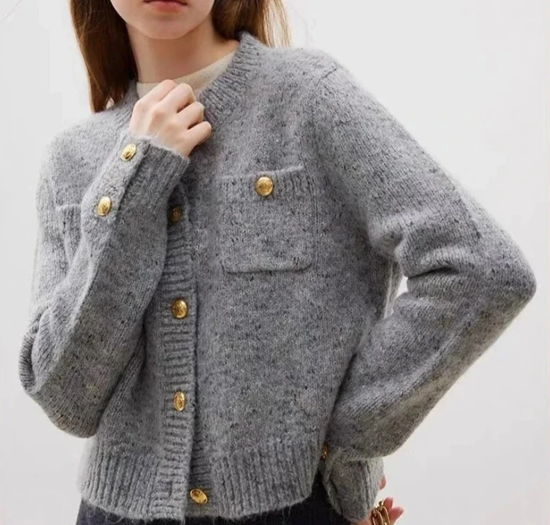 Elegante Grau Gestrickte Kurze Mantel Mode Warme Lange Hülse Frauen Strickjacke Casual Oansatz Strickwaren Koreanischen Stil Pullover