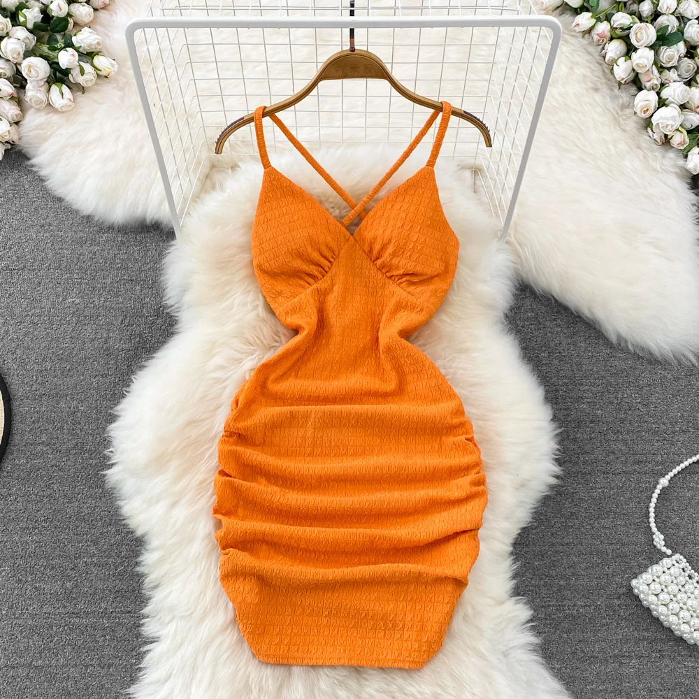 

Spice Girl Sexy Low Breast Sling Dress Fashion Orange V-Neck Sleeveless Waist Slim Wrinkle Pleated Short Dress Wrapped Hip Dress