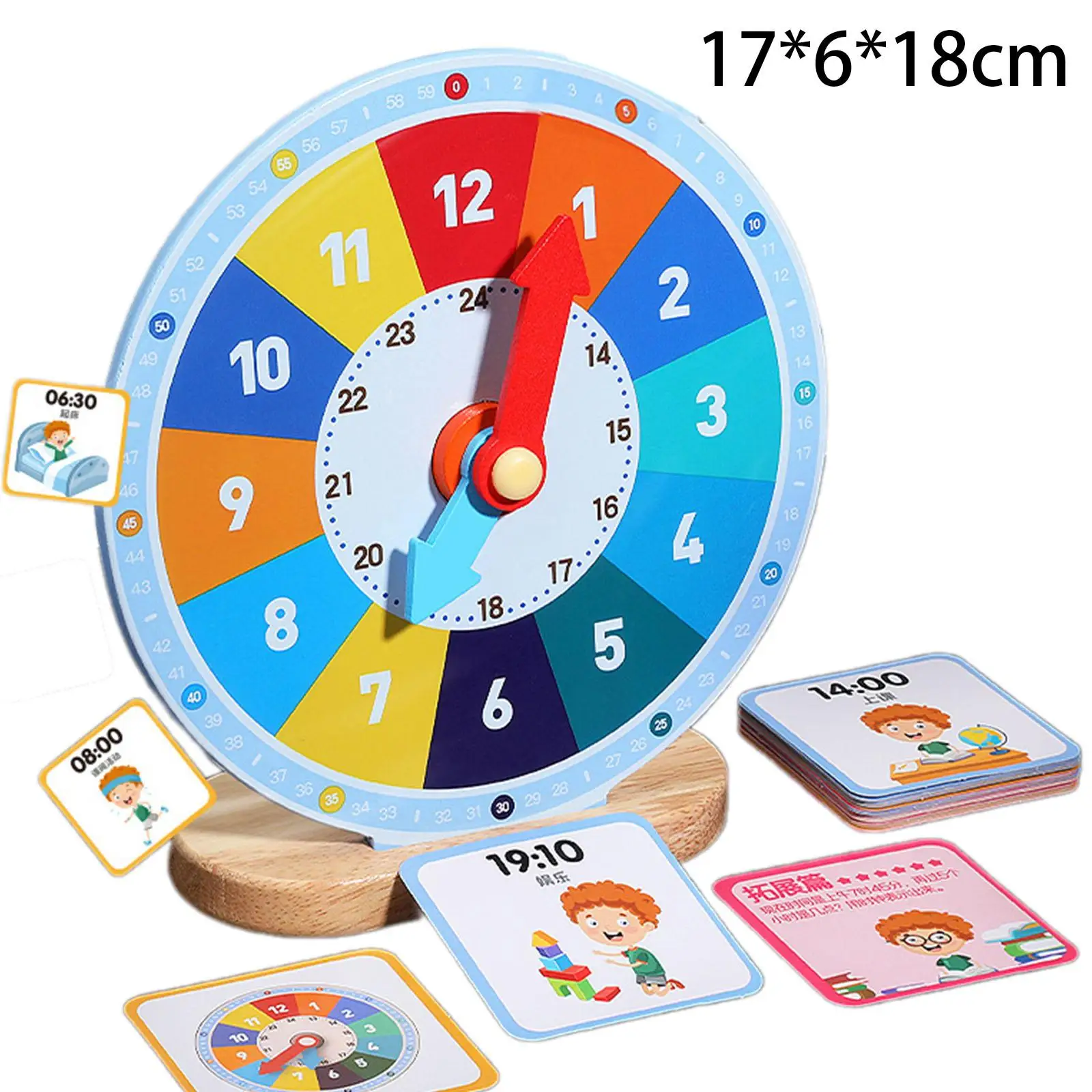 Wooden Analog Learning Clock Toy for Kids Early Education Time Teaching Clock with Cards Hours Minutes Seconds Skill Development