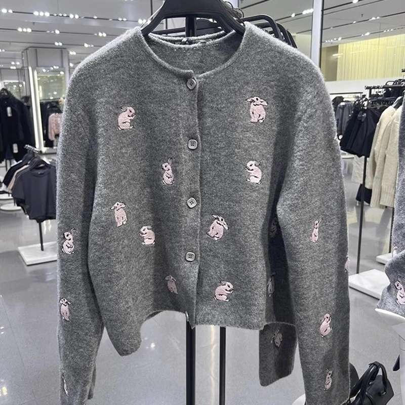 Chic Funny Rabbit Embroidery Knitted Cardigan Gray Sweater Coats for Girls Sweet Women Winter Autumn Outerwear Knitwear Japanese