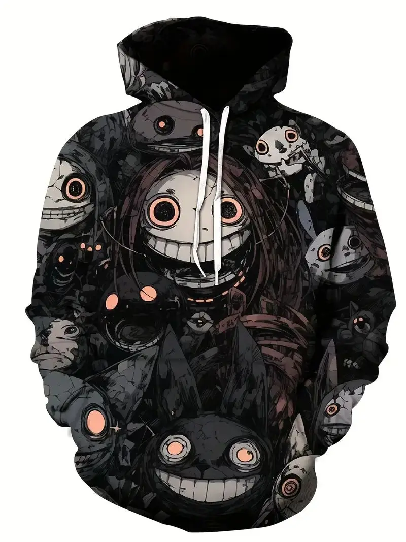 Anime Skeleton Girls Print Hoodie, Men's Casual Pullover Hooded Sweatshirt With Kangaroo Pocket Streetwear For Winter Fall 2023