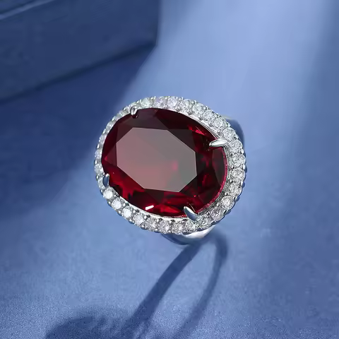 Big Oval Cut Natural Garnet Ruby 925 Sterling Silver Ring for Woman Fashion Red Gemstone Jewelry Statement Anniversary Gift