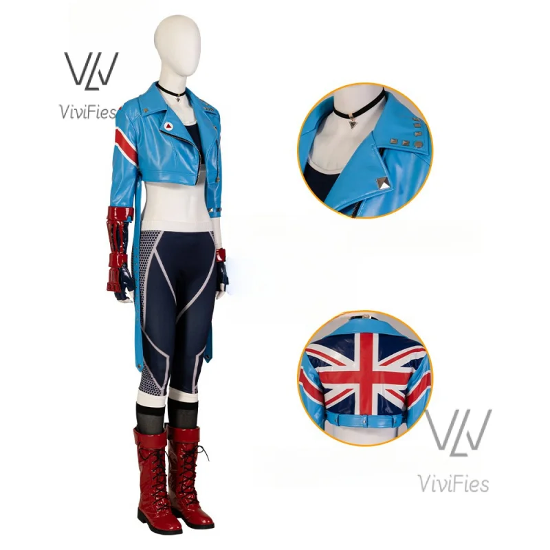 

Fighting Game Cosplay Cammy White Costume Outfit Blue Jacket Warrior Battle Suit With Accessories New Style Women Clothing