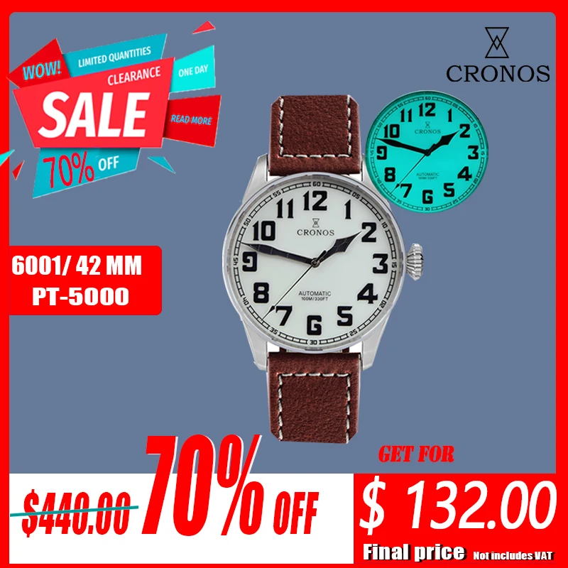 

Cronos Pilot Flieger Механические часы для мужчин Нержавеющая сталь Синий свет Светящийся сапфировый кристалл Скелет Задний кожаный ремешок