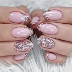 24pcs/box Long Oval French Pink Fake Nails Almond Shining Glitter Full Cover Nail Tips Press on Nails DIY Detachable Manicure