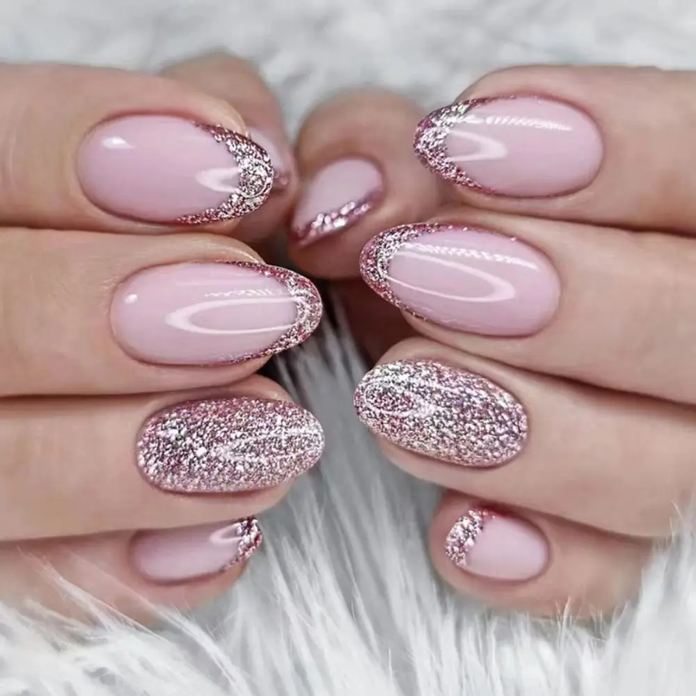 24pcs/box Long Oval French Pink Fake Nails Almond Shining Glitter Full Cover Nail Tips Press on Nails DIY Detachable Manicure