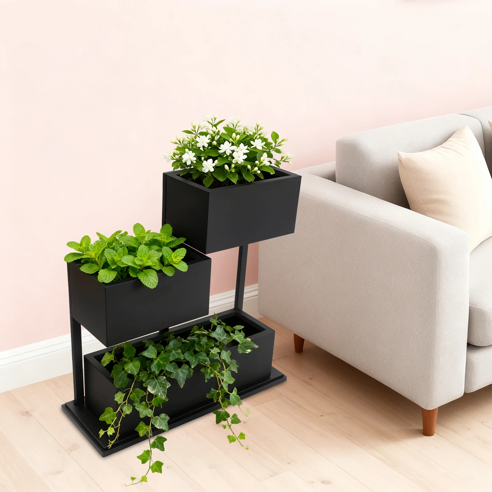 Caixa de plantador exterior de metal independente preta para escritórios, jardins, lobbies, decoração de terraços, venda de natal, presente de ano novo