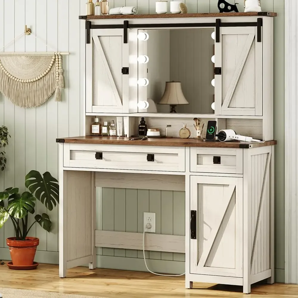 Makeup Vanity with Lights & Barn Doors, Vanity Desk with Mirror and Lights & Charging Station, Farmhouse White Vanity Table with