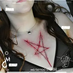 Red Scar Tattoo Stickers for Woman Man Chest Punk Art Temporary Tattoos Waterproof Pentagram Fake Tattoo Lasting Tattoo Sticker