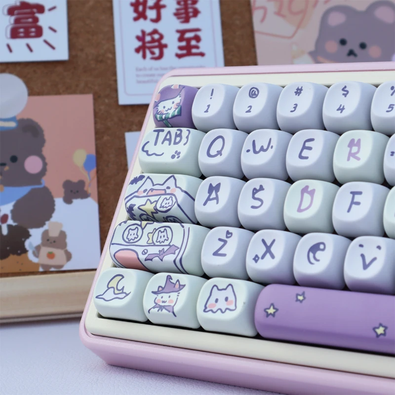 Imagem -05 - Teclado de Tema Roxo Moa Cherry Keycaps Magic Cat Pbt Cinco Lados Sublimação Térmica Teclado Mecânico 131 Chaves 150 Chaves