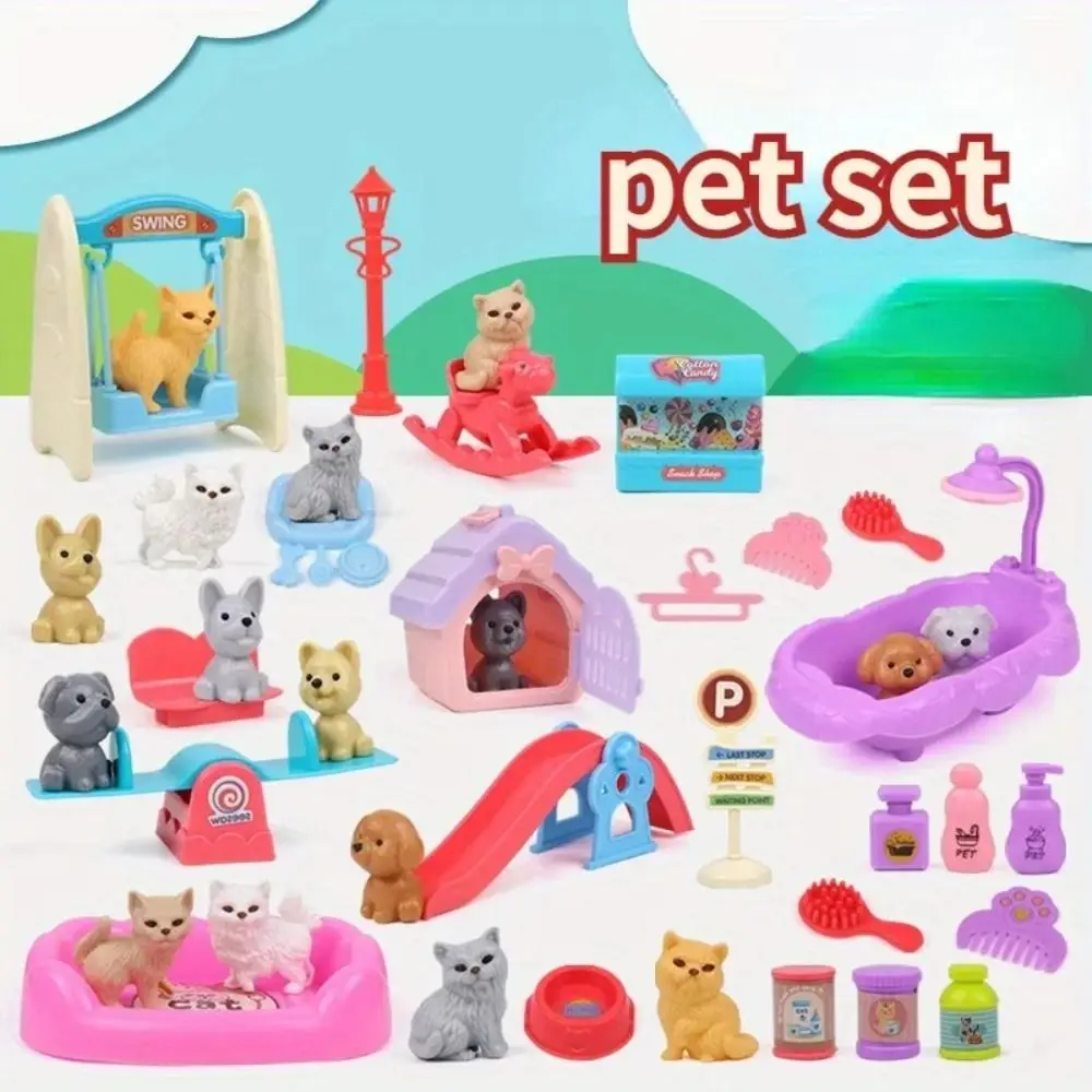 

High Quality Cute Mini Puppy Pretend Play Toy Dog Doll Set Kids Toys Dog Pet Basket Toys Animal Visual Senses Dog Cage Toys