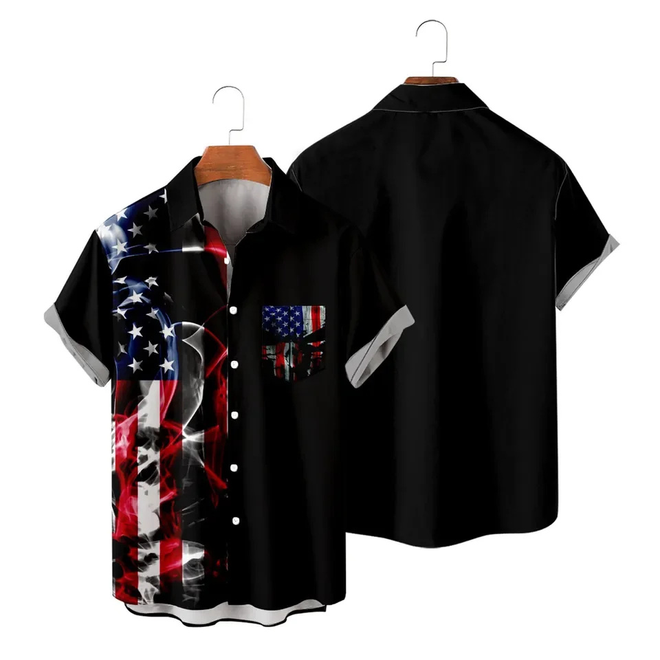 Trendy Wrinkle-Free New Men'S Shirt Mens Independence Day Flag 3d Digital Printing Fashion Lapel Button T Shirt Camisa Masculina