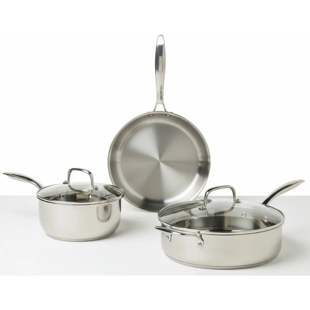 

Набор посуды премиум-класса из 5 предметов из нержавеющей стали, индукционная совместимость, можно мыть в посудомоечной машине для домашних повара