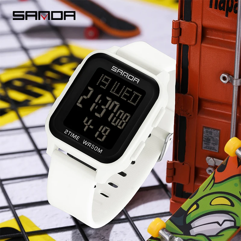 2024 Sanda 6211 Electronic Watch Fashion Trend Multi functional Alarm Clock Single Display Men's and Women's Electronic Watches