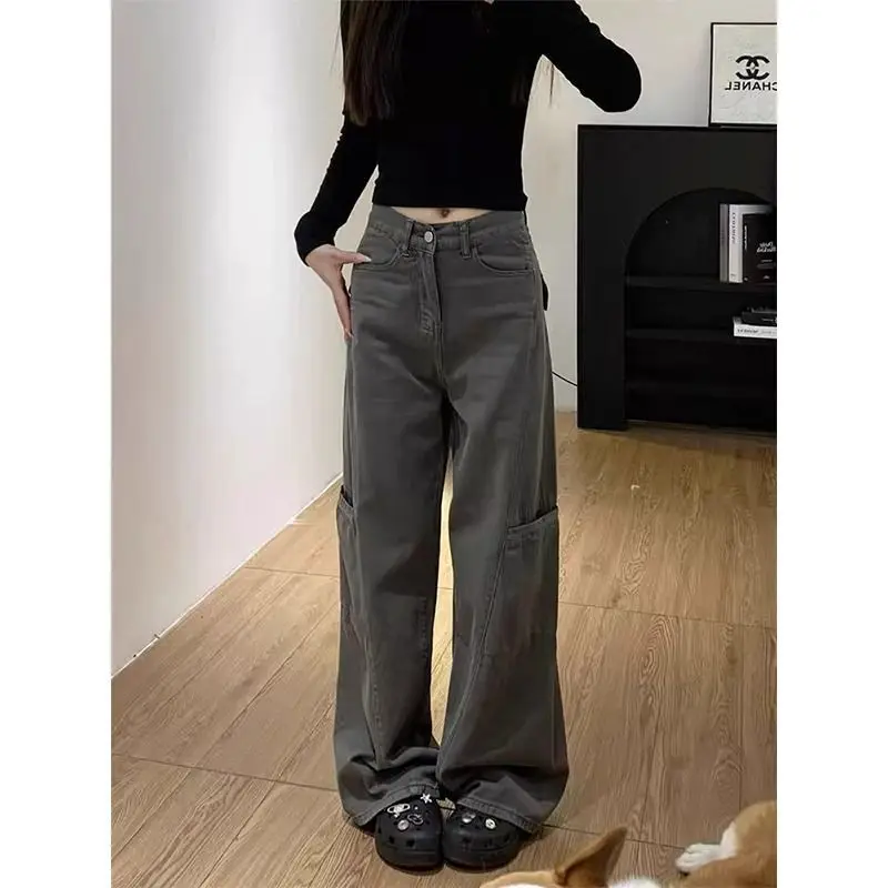 

Gray Scimitar Covering Flaws High Waist Jeans 2025 New Small Size Wide Leg Pants Trendy Slimming Women