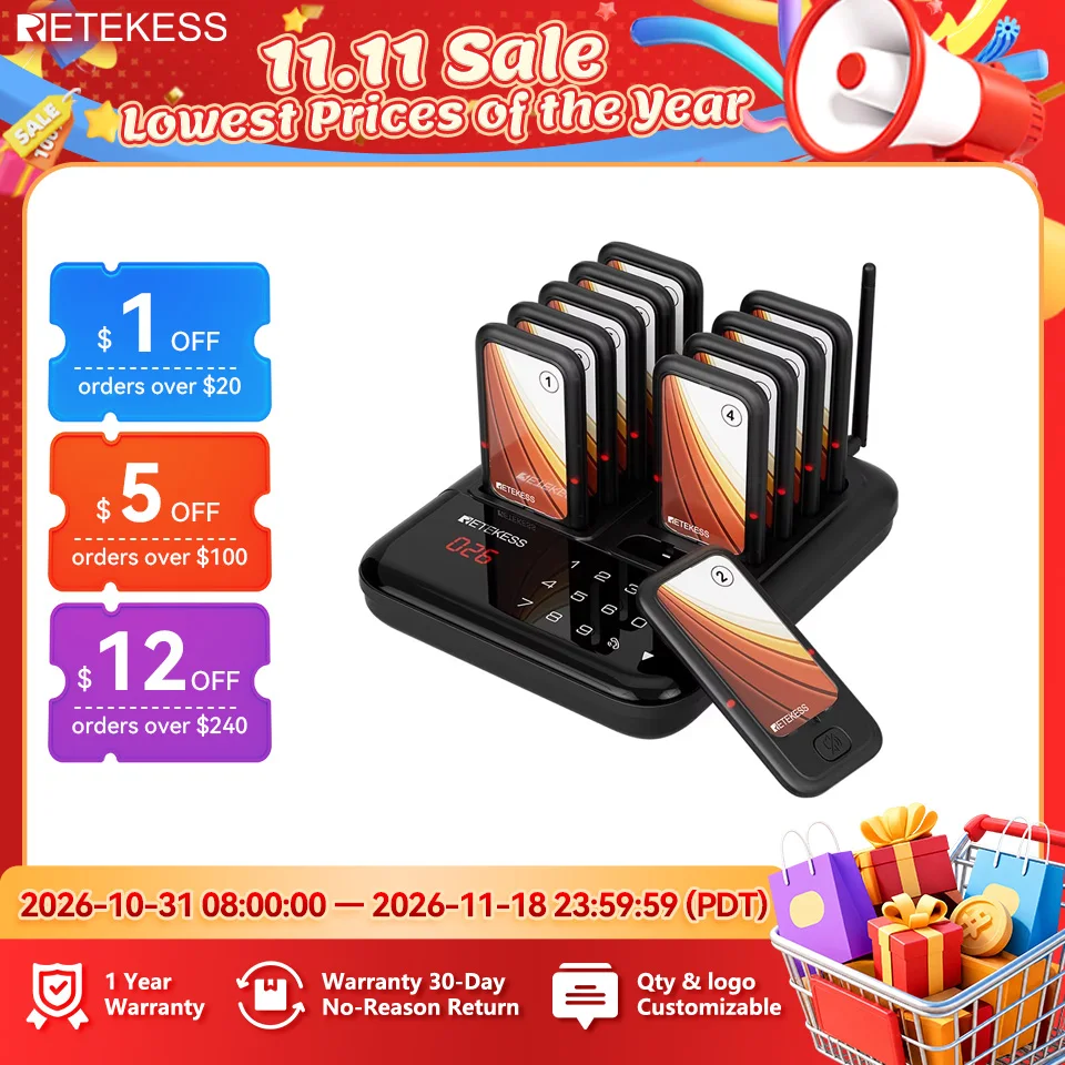 RETEKESS TD173S Restaurant Pager Wireless Calling System Long Range Buzzer Mute Button Long Standby Time Vibrator For Cafe Bar