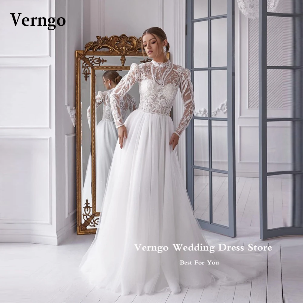 

Verngo 2023 Sparkly A Line Tulle Wedding Dresses With Detachable Jacket Lace 3D Flowers Long Sleeves Elegant Bridal Gowns