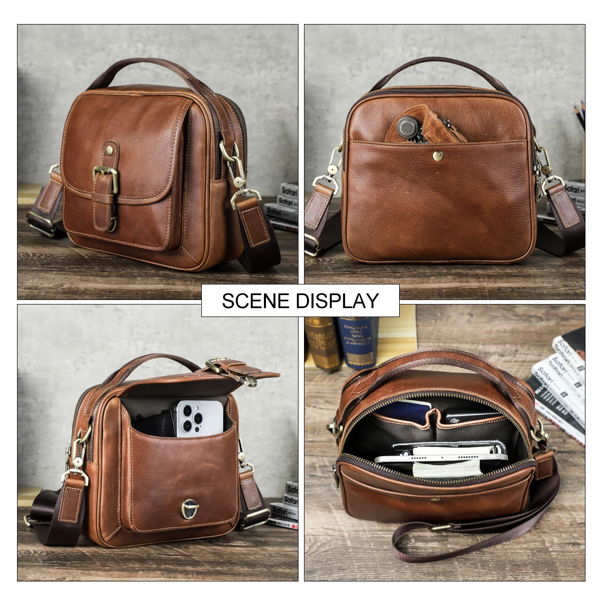 CONTACT\'S Genuine Leather Men Small Messenger Bag Male Vintage Shoulder Bags Brown Handbag Luxury Flap Travel Crossbody Bags