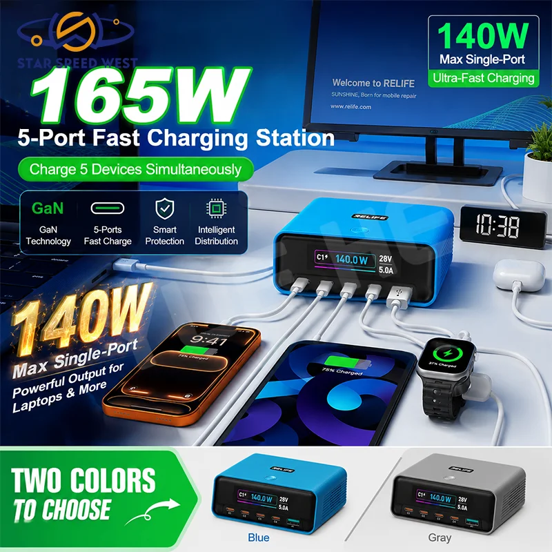 RELIFE Q8 165W GaN Smart Charger 140W USB C Fast Charging 5 Port Multi Device Charger for Phone Laptop Tablet Charging Tools