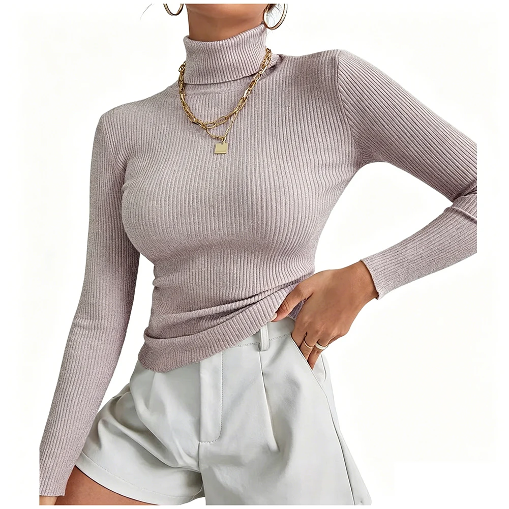 Polyester Ribbed Knit Turtleneck Sweater for Women Offering Regular Length Moderate Elasticity and Clean Design