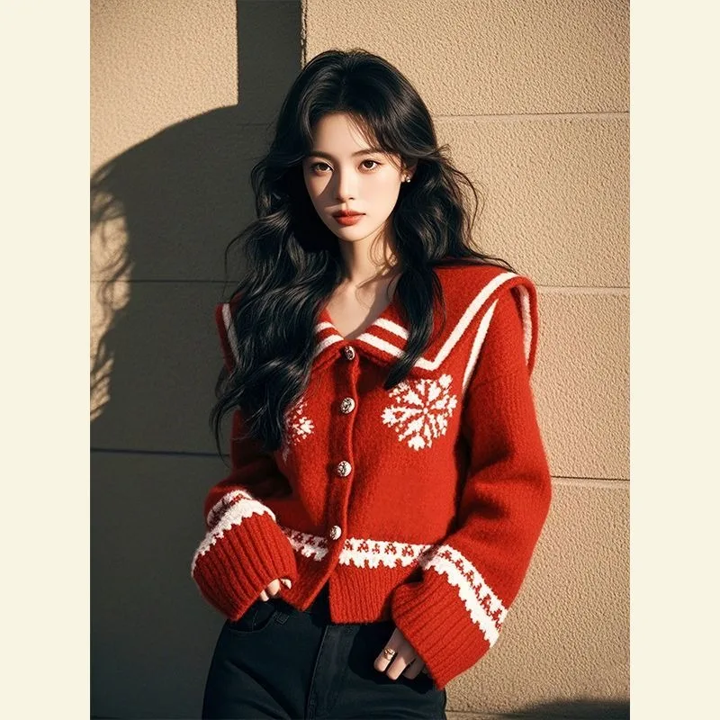 

Retro Red Cardigan Relaxed Style New Autumn Winter 2025 Knitted Loose Cardigan High-end Christmas Knitted Top Sweater