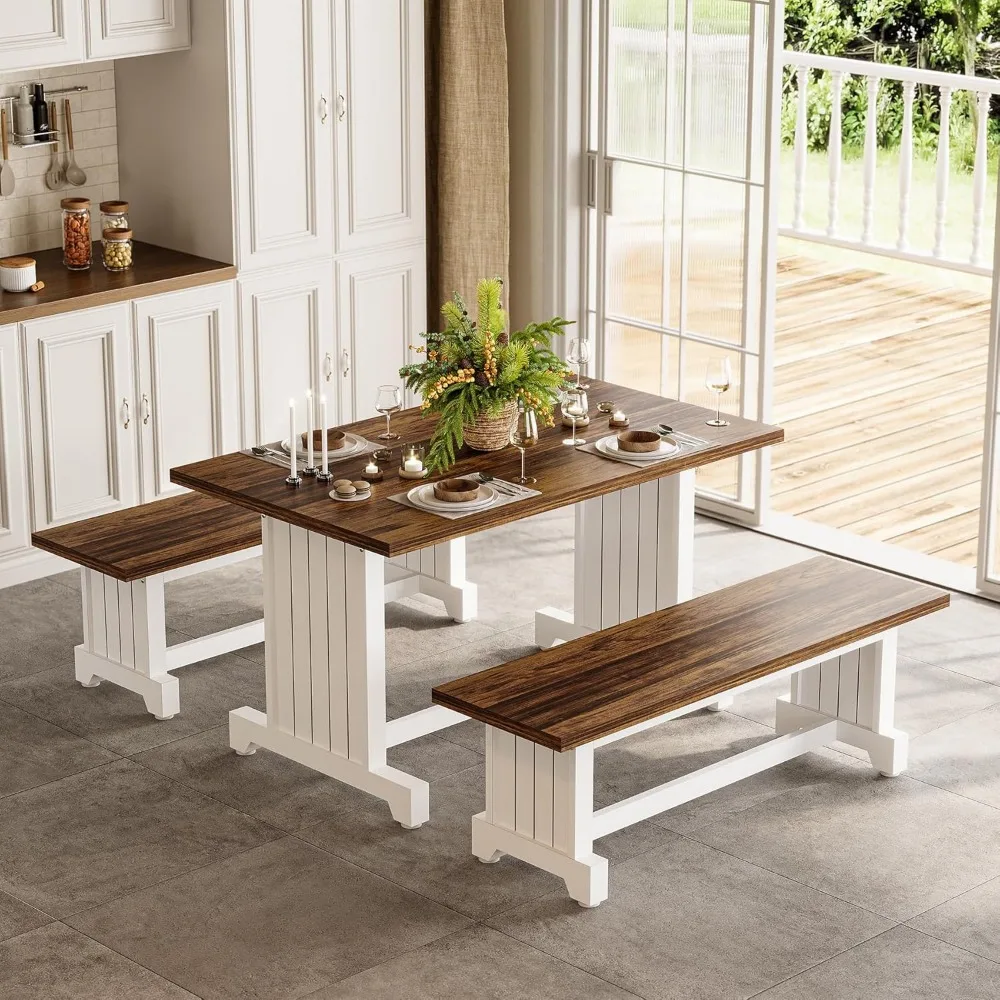 Set tavolo da pranzo LITTLE TREE per 4 con 2 panche, tavolo da cucina moderno con pannello in MDF, dinette salvaspazio per cucina, sala da pranzo