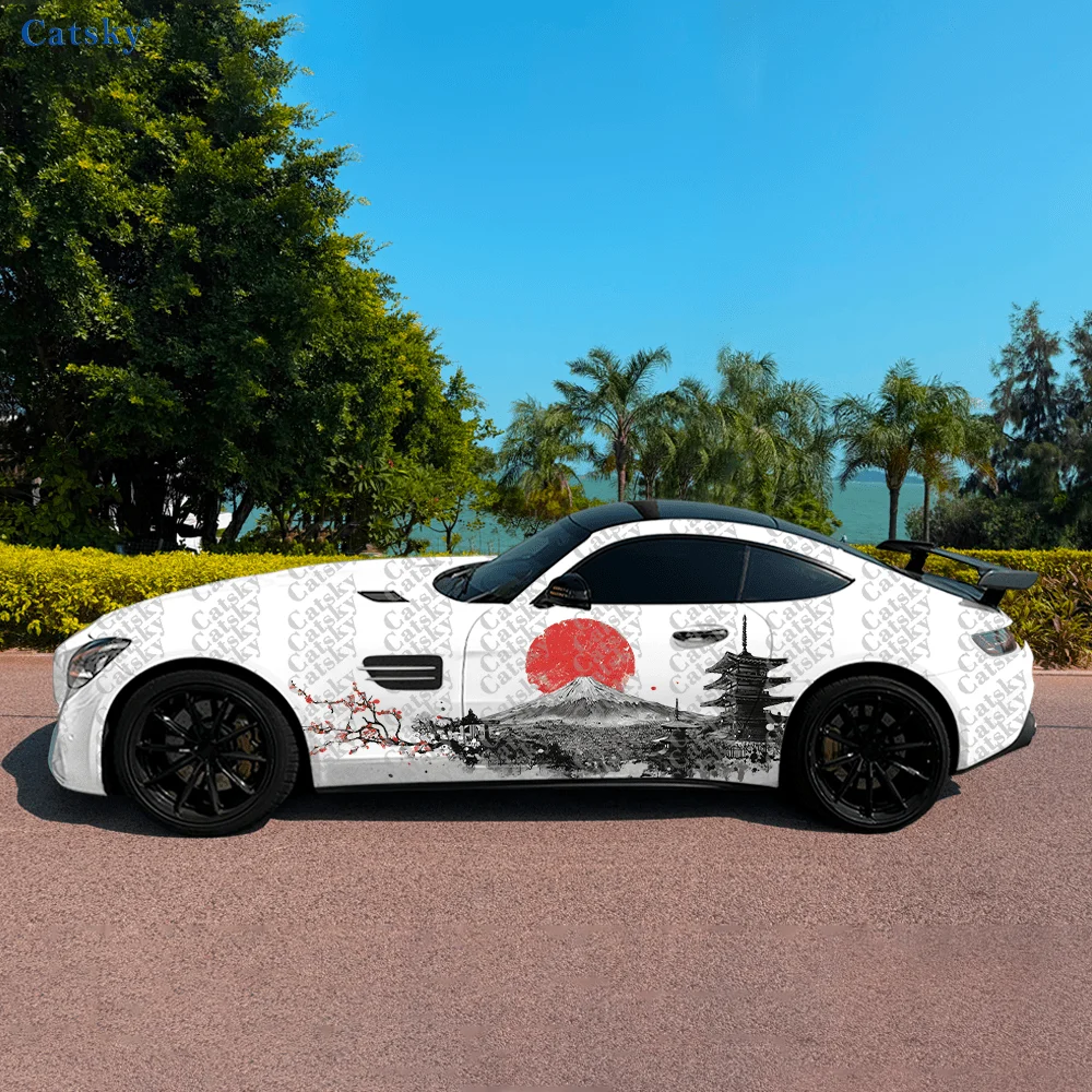 Red Sun Buildings Car Side Sticker Decoration, PVC Waterproof Scratch Resistant Decal, Car Protection, Auto Accessories Gift