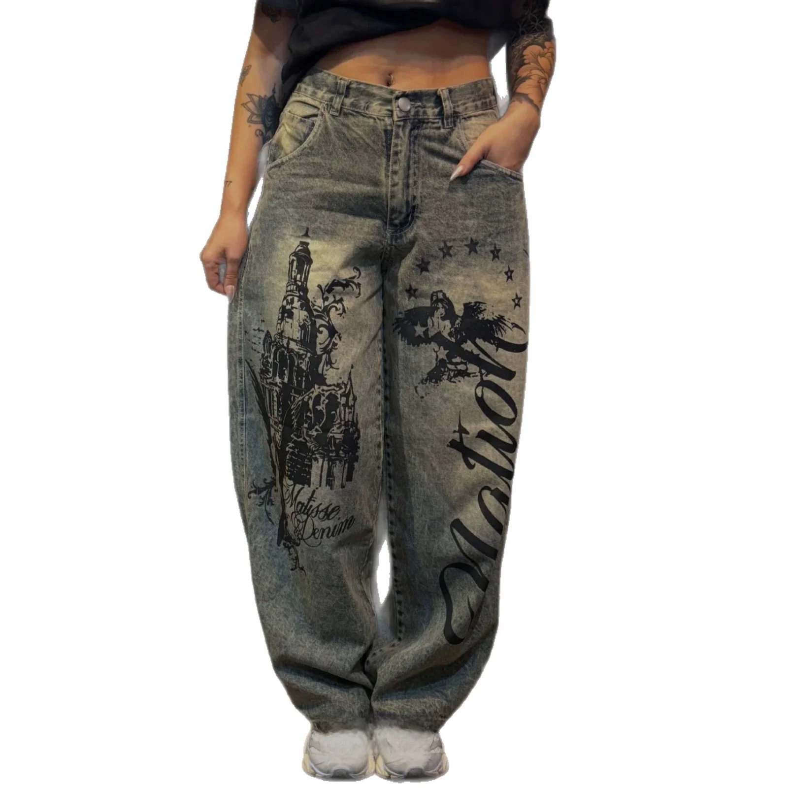 Vintage Gothic Print Wide Leg Jeans Men's Castle Print Denim Long Pants Casual Loose Straight Cut Standard Fit Summer Jeans