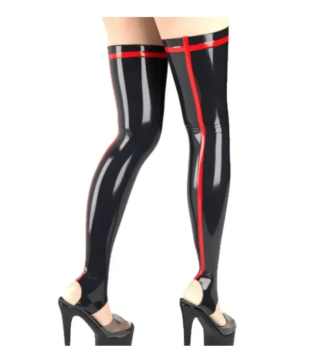 

customized Sexy Long Latex Stockings Balck with Red Rubber Fetish Thigh Socks Open Feet for Women Wear clubwear