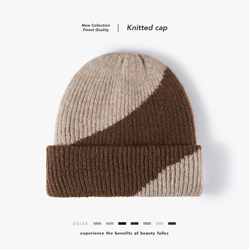 Winter Outdoor Simple Beanie for Women, Warm and Thickened Color-blocked Wool Knit Hat for Men, Fashionable Woolen Hat