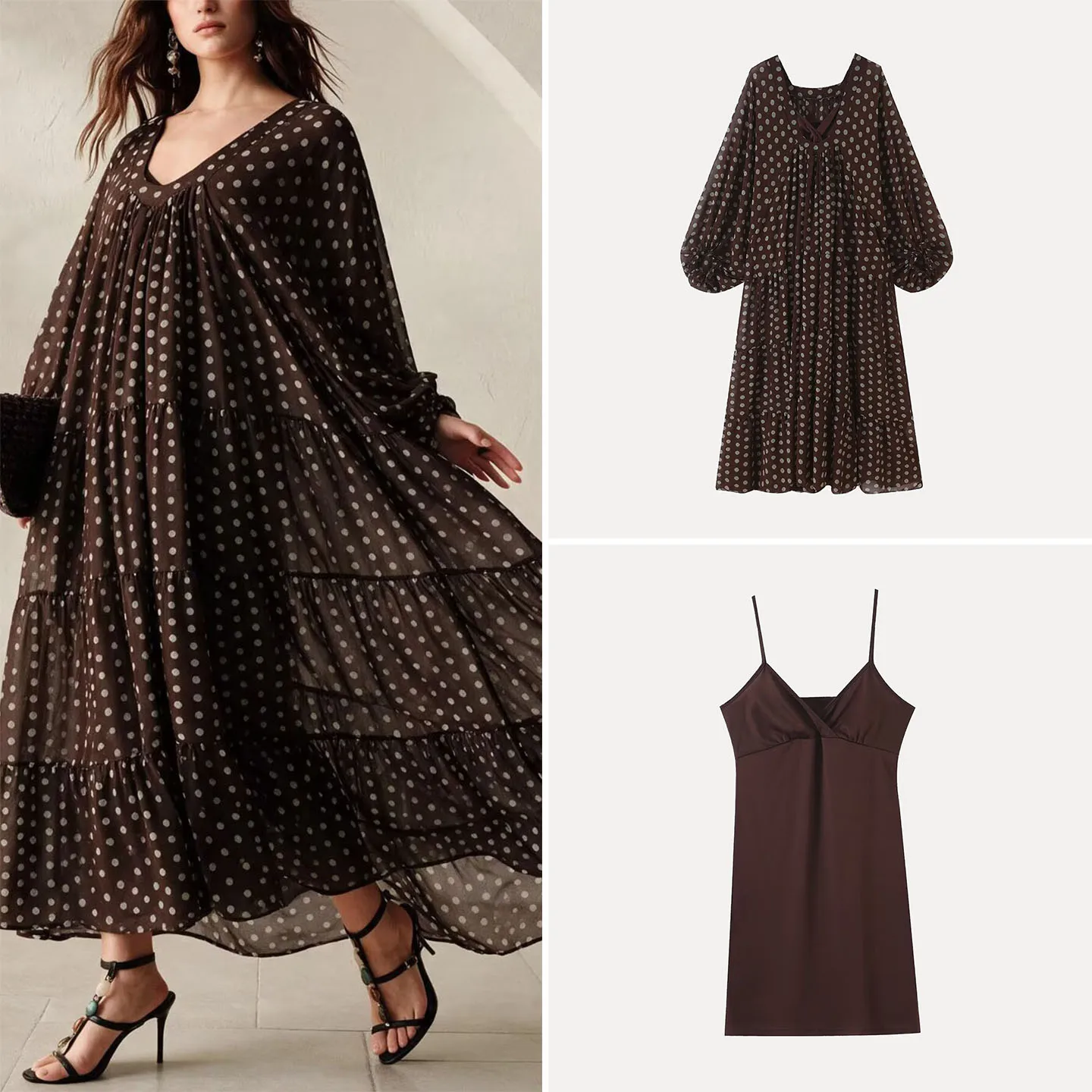 Women's Casual Loose Bubble Sleeve Dress Two-Piece Set Autumn 2026 Fashion Pleated Dress with Long Sleeves And Polka Dot Pattern