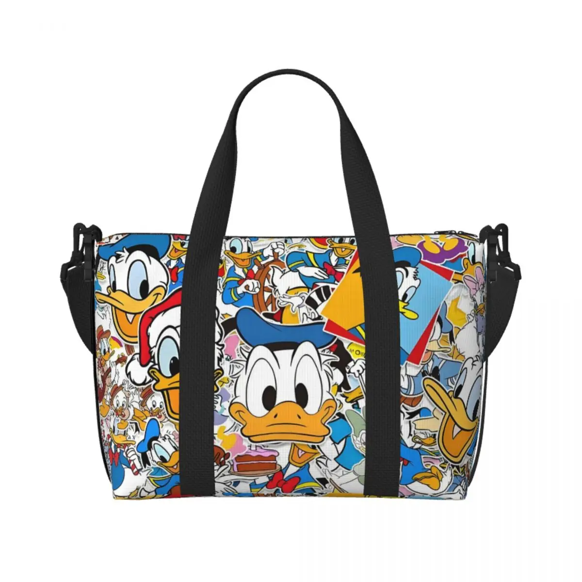 

Custom Cartoon Donald Duck Beach Tote Bag for Women Anime Kawaii Big Compartment Gym Beach Travel Bags