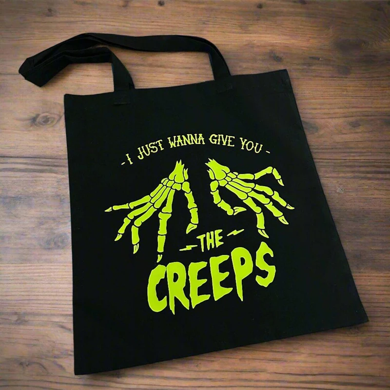

1pcs I Wanna Give You The Creeps Black Canvas Tote Bag Halloween Gothic Decorate Gift Party Accessories Festival Funny Supplies