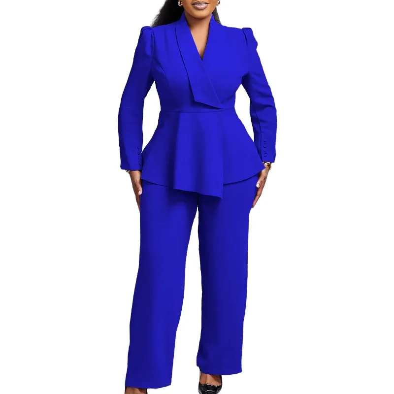 Women Two Pieces Set Elegant Long Sleeves Tops High Waist Pants Trousers Modest Peplum Office Ladies Work Wear Business Suit New