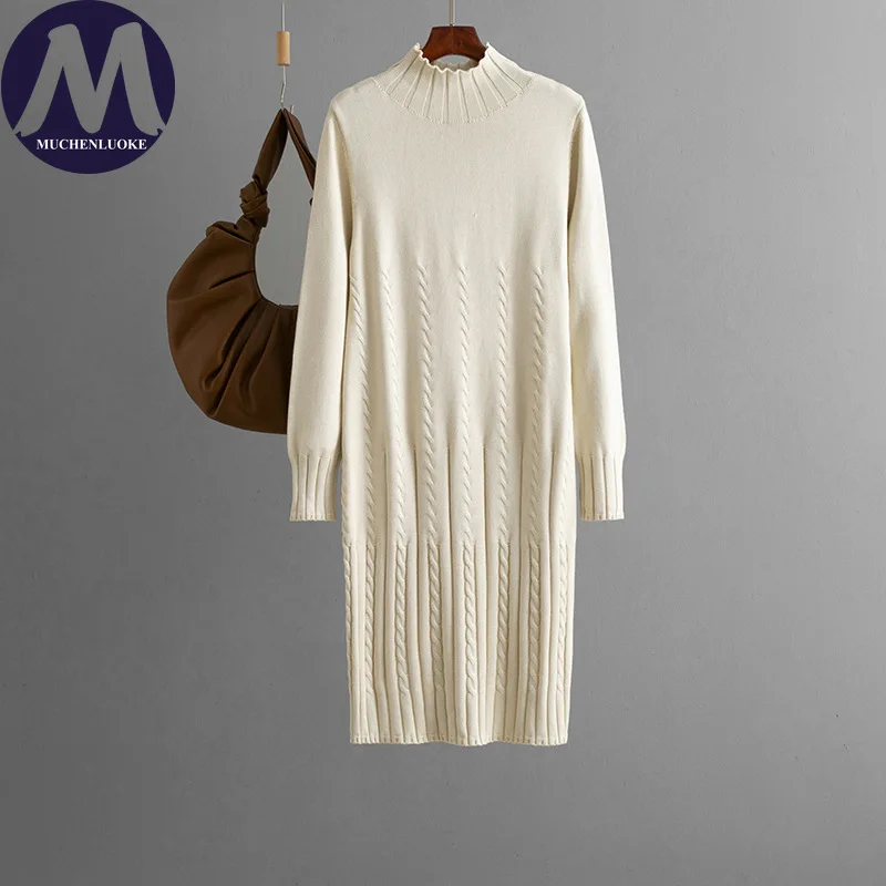 فساتين نسائية أنيقة للخريف والشتاء بأكمام طويلة ورقبة وهمية فستان محبوك موضة غير رسمية فضفاضة وسميكة للدفء