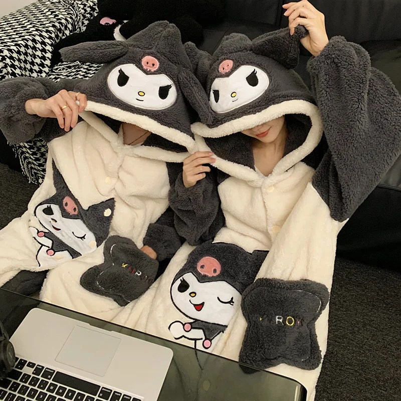 Sanrio Matching Pajamas for Couples Hello Kitty Pochacco Winter Night-robe Set Warm Cartoon Pyjamas Coral Fleece Plush Sleepwear