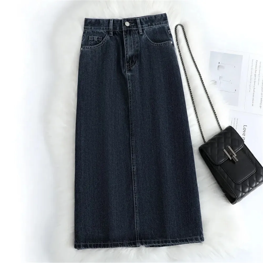 Women Denim Skirt Spring A Line Summer High Waist Loose Split Hem Dark Blue Chic Casual Streetwear Jean Midi Skirt Streetwear