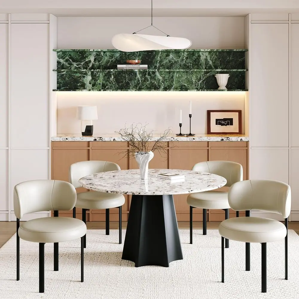 

Kitchen Chairs Set of 4 Upholstered Leather Dining Chairs with Metal Legs, Spring Support Cushion and Curved Back, Comfortable