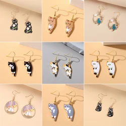 Cute Kitten Ear Hook Fashion Sweet Cartoon Cat Earrings for Women Enamel Drop Oil Gold Color Texture Animal Earrings Jewelry